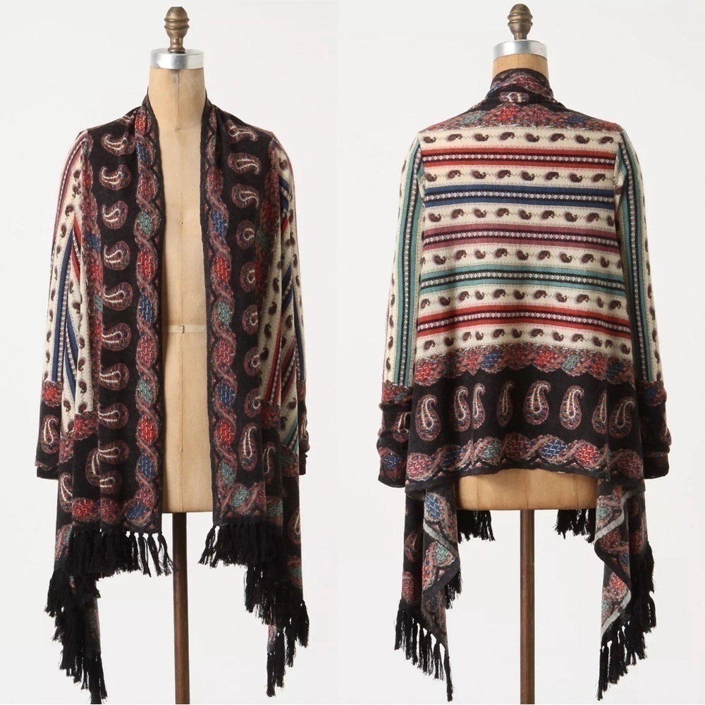 Anthropologie Guinevere Merino Wool Cardigan Sweater Bohemian Gypsy Fringe Small - Picture 4 of 16